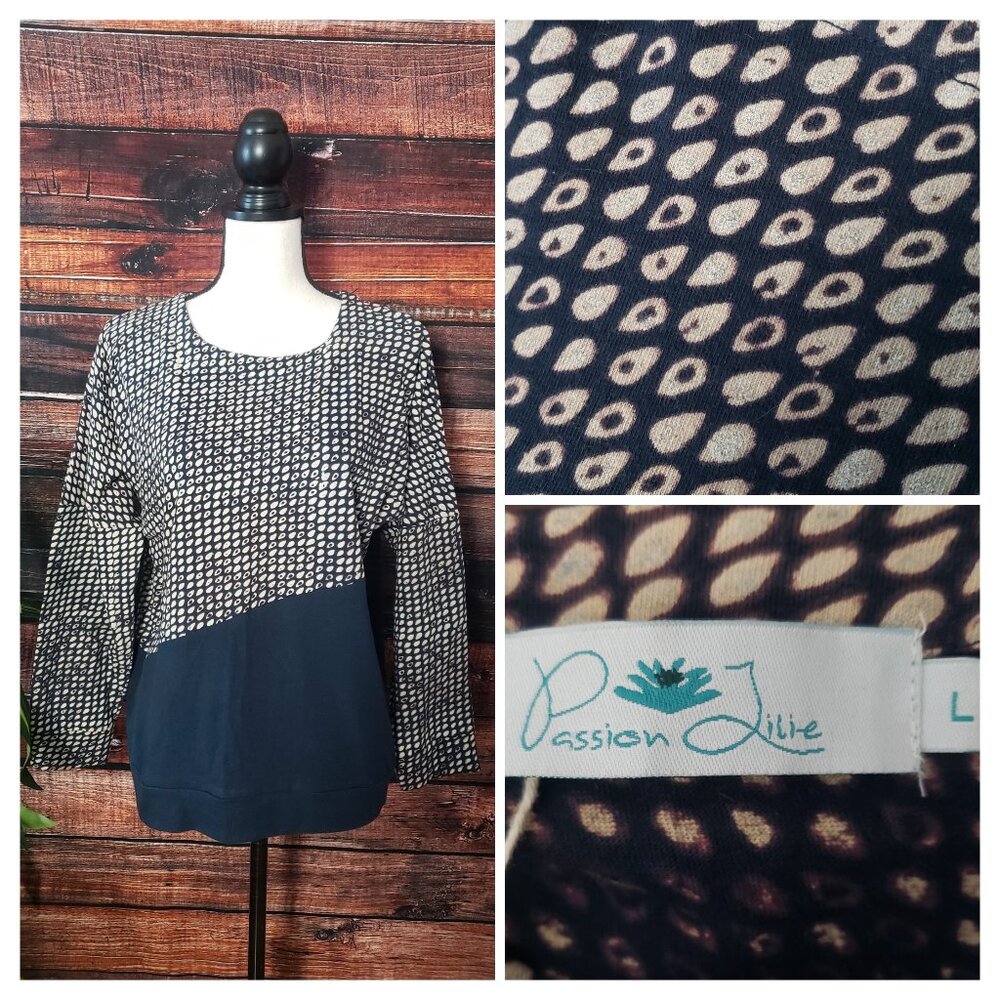NWT Passion Lilie Indra Sweater Top L Blue Teardrop Organic Cotton